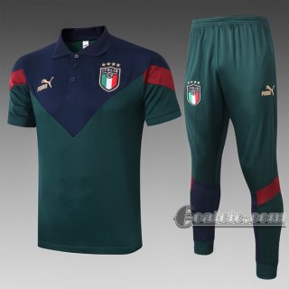 6Calcio: Maglietta Polo Shirts Italia Manica Corta + Pantaloni Verde Scuro C441# 2020 2021