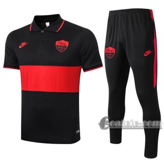 6Calcio: Maglietta Polo Shirts As Roma Manica Corta + Pantaloni Nera Rossa 2020 2021
