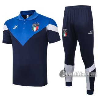 6Calcio: Maglietta Polo Shirts Italia Manica Corta + Pantaloni Azzurra 2020 2021