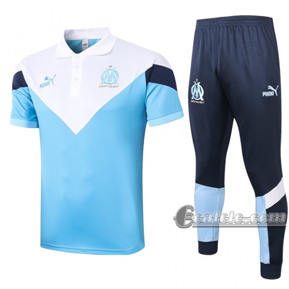 6Calcio: Maglietta Polo Shirts Olympique Marsiglia Manica Corta + Pantaloni Bianca Azzurra 2020 2021