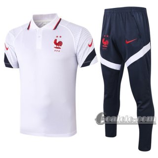 6Calcio: Maglietta Polo Shirts Francia Manica Corta + Pantaloni Bianca 2020 2021