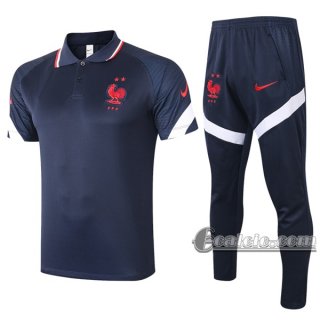 6Calcio: Maglietta Polo Shirts Francia Manica Corta + Pantaloni Azzurra Marino 2020 2021