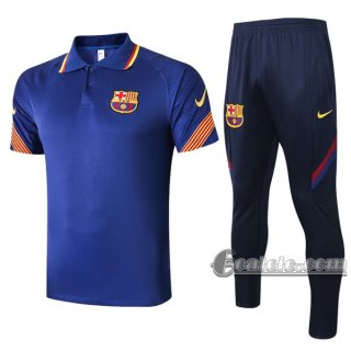 6Calcio: Maglietta Polo Shirts Fc Barcellona Manica Corta + Pantaloni Azzurra 2020 2021