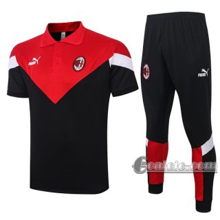 6Calcio: Maglietta Polo Shirts Ac Milan Manica Corta + Pantaloni Nera Rossa 2020 2021