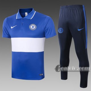 6Calcio: Maglietta Polo Shirts Fc Chelsea Manica Corta + Pantaloni Azzurra-Bianca C404# 2020 2021
