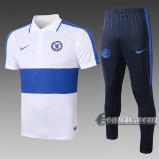 6Calcio: Maglietta Polo Shirts Fc Chelsea Manica Corta + Pantaloni Bianca-Azzurra C411# 2020 2021