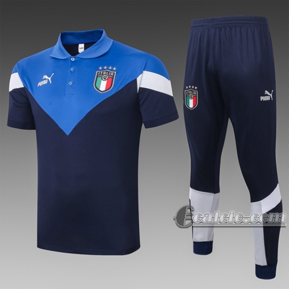 6Calcio: Maglietta Polo Shirts Italia Manica Corta + Pantaloni Azzurra C420# 2020 2021