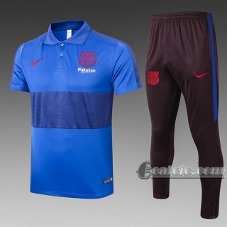 6Calcio: Maglietta Polo Shirts Fc Barcellona Manica Corta + Pantaloni Azzurra C432# 2020 2021