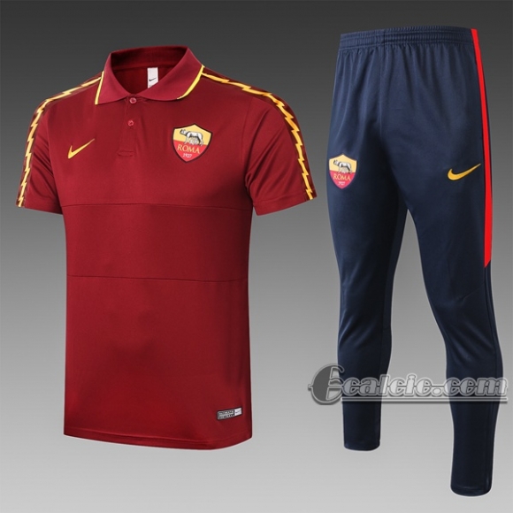 6Calcio: Maglietta Polo Shirts As Roma Manica Corta + Pantaloni Scarlatto C433# 2020 2021