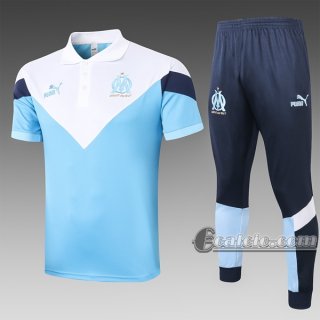 6Calcio: Maglietta Polo Shirts Olympique Marsiglia Manica Corta + Pantaloni Azzurra - Bianca C438# 2020 2021