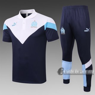 6Calcio: Maglietta Polo Shirts Olympique Marsiglia Manica Corta + Pantaloni Azzurra - Bianca C444# 2020 2021