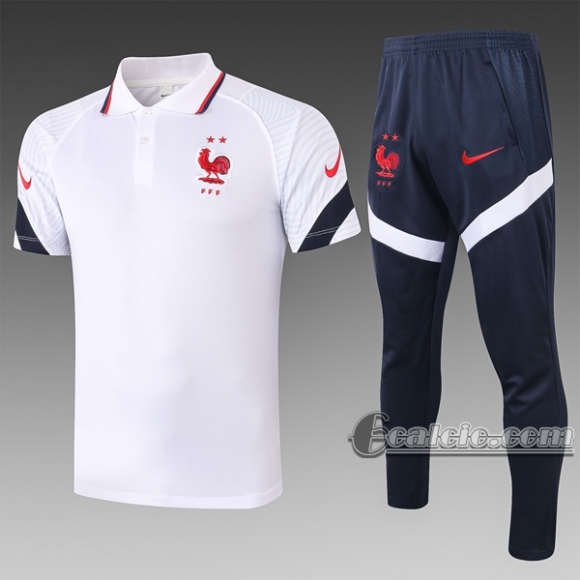 6Calcio: Maglietta Polo Shirts Francia Manica Corta + Pantaloni Bianca C487# 2020 2021