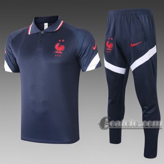 6Calcio: Maglietta Polo Shirts Francia Manica Corta + Pantaloni Azzurra Marino C488# 2020 2021