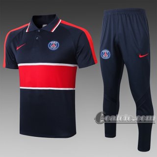 6Calcio: Maglietta Polo Shirts Psg Paris Saint Germain Manica Corta + Pantaloni Azzurra Marino - Rossa C497# 2020 2021