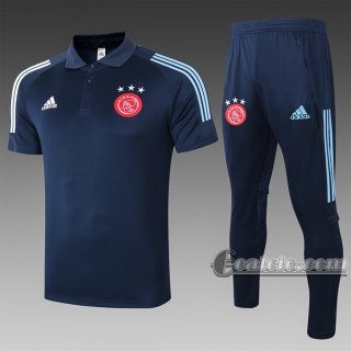 6Calcio: Maglietta Polo Shirts Ajax Amsterdam Manica Corta + Pantaloni Azzurra Scuro C526 2020 2021