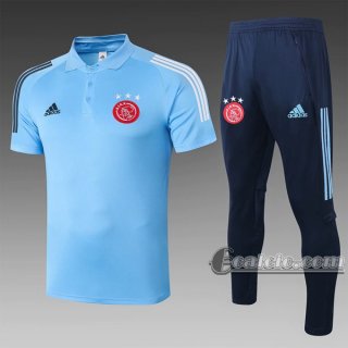 6Calcio: Maglietta Polo Shirts Ajax Amsterdam Manica Corta + Pantaloni Azzurra Marino C527 2020 2021