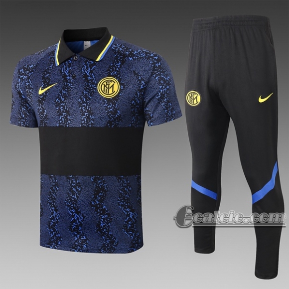 6Calcio: Maglietta Polo Shirts Inter Milan Manica Corta + Pantaloni Azzurra Scuro C552 2020 2021