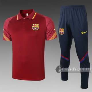 6Calcio: Maglietta Polo Shirts Fc Barcellona Manica Corta + Pantaloni Scarlatto C555 2020 2021