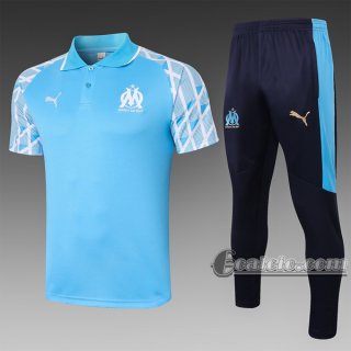 6Calcio: Maglietta Polo Shirts Olympique Marsiglia Manica Corta + Pantaloni Azzurro C576 2020 2021