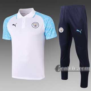 6Calcio: Maglietta Polo Shirts Manchester City Manica Corta + Pantaloni Bianca C577 2020 2021