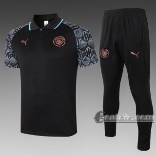 6Calcio: Maglietta Polo Shirts Manchester City Manica Corta + Pantaloni Nera C578 2020 2021
