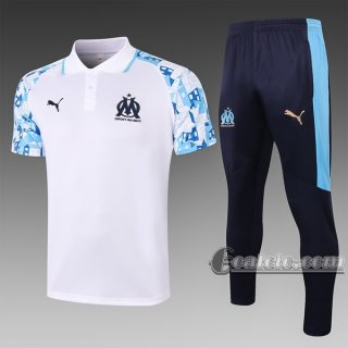 6Calcio: Maglietta Polo Shirts Olympique Marsiglia Manica Corta + Pantaloni Bianca C580 2020 2021