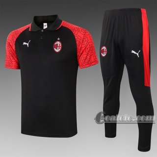 6Calcio: Maglietta Polo Shirts Ac Milan Manica Corta + Pantaloni Nera C582 2020 2021